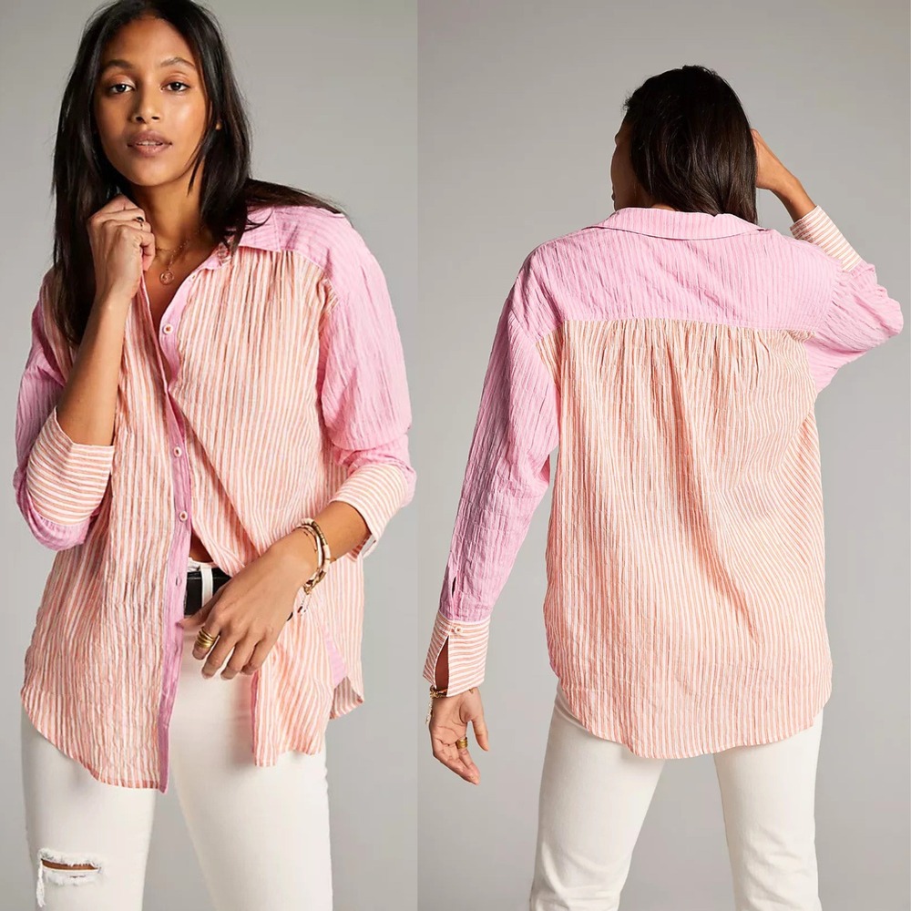Maeve Anthropologie Katia Two-Toned Striped Buttondown Shirt Pink Orange Large